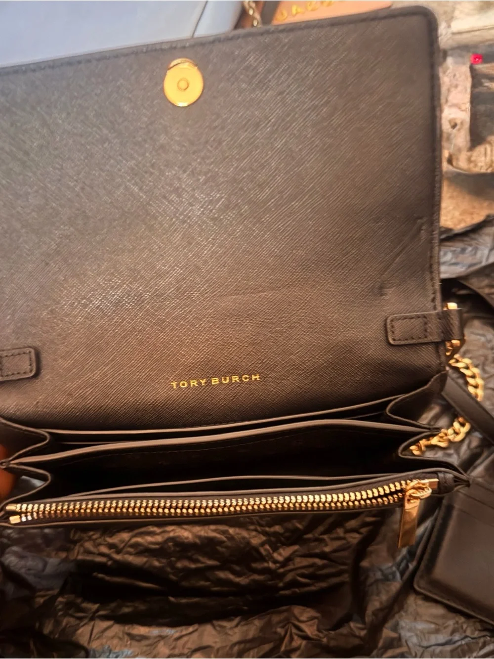 Tory Burch Black Saffiano Leather Mini Chain Wallet with Gold Hardware